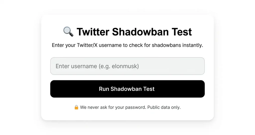 X shadowban test tool showing Twitter account visibility status with search ban and ghost ban detection results