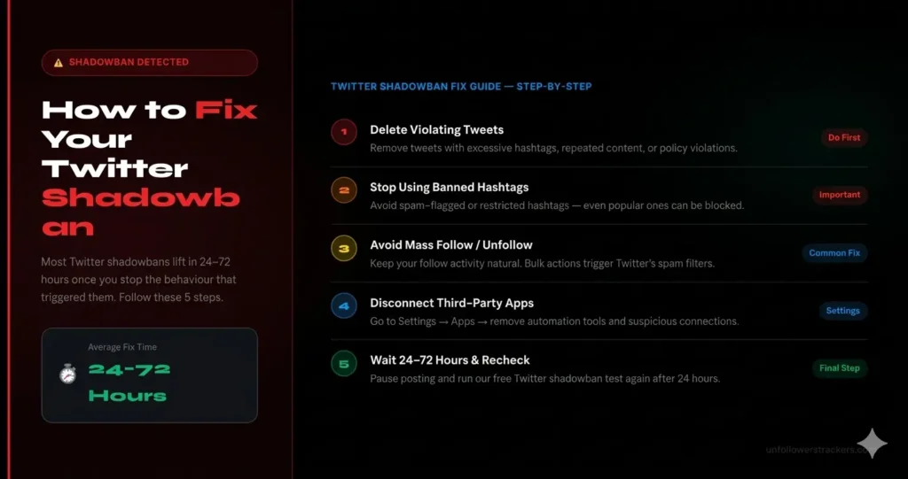 Step by step guide to fix Twitter shadowban showing 5 steps including deleting tweets, stopping banned hashtags, and waiting 24 to 72 hours